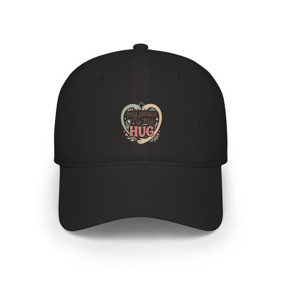 Printify embroidered low profile baseball cap with a heart hug design, showcasing a casual and comfortable hat style.